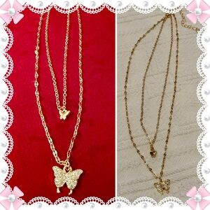 Necklace - 16-20” - 2 tier -2 butterfly charms/pendants - 1 w/clear crystals New